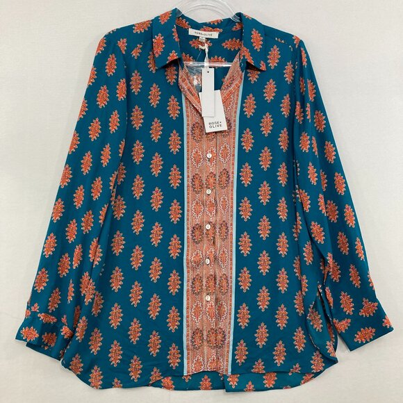 New Rose & Olive Large Blue Orange Boho Print Soft Flowy Long Sleeve Button Up - Picture 1 of 12